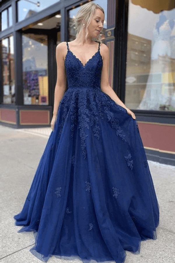 Navy Blue Tulle Lace A-line V-neck Prom ...